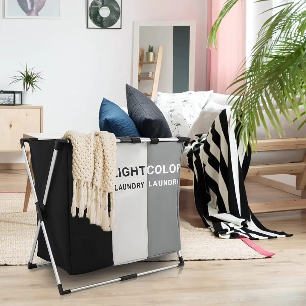 Panier à Linge Pliable 3 Compartiments – Séparateur de Vêtements Sales