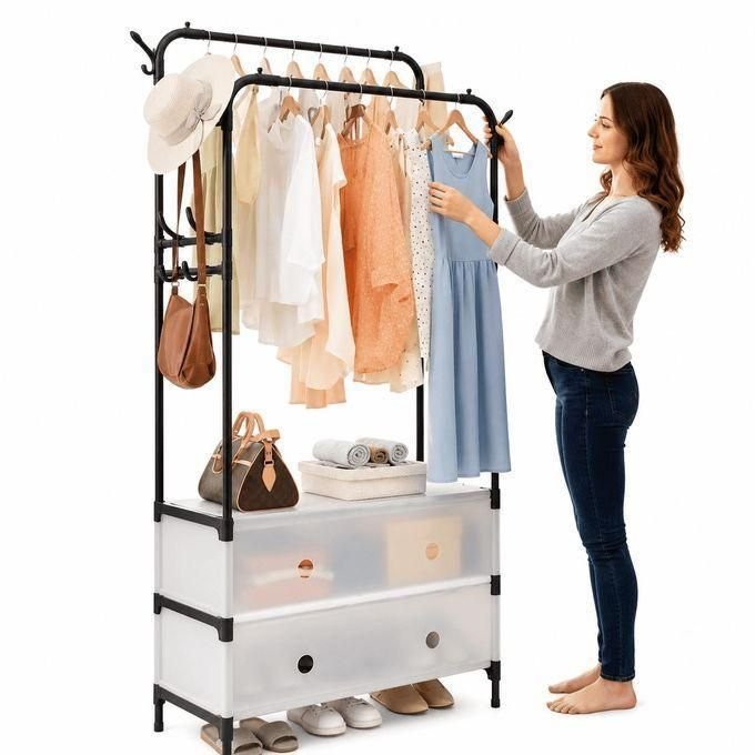 Penderie Portative Double Barre avec Tiroirs et Crochets